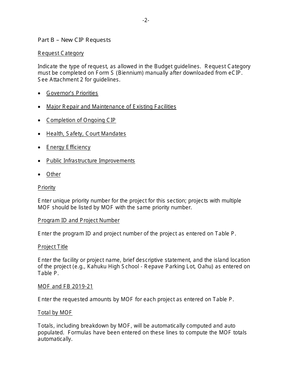 Instructions for Form S Fb 19-21 Budget Department Summary of Proposed Cip Lapses and New Cip Requests - Hawaii, Page 2