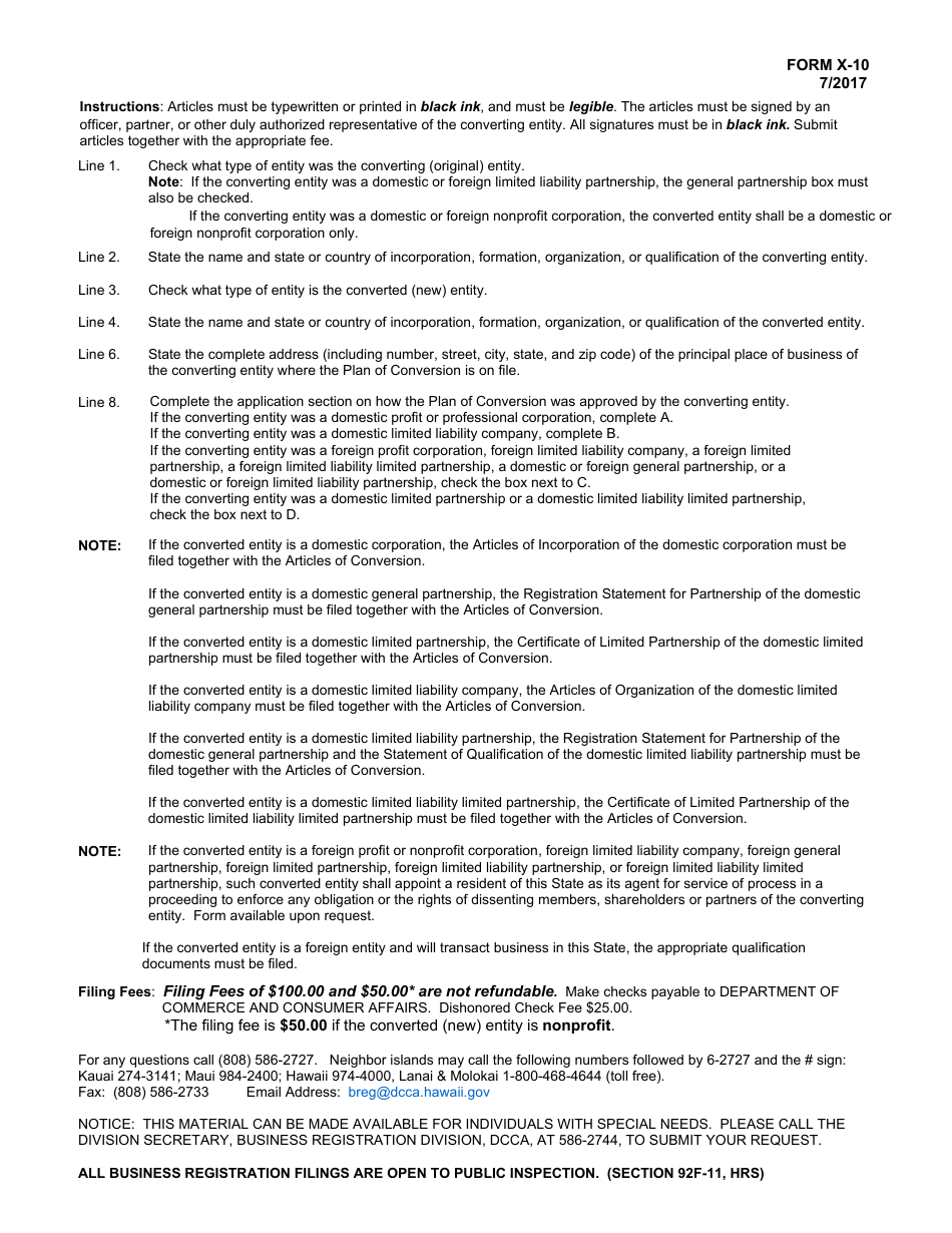 Form X-10 Articles of Conversion - Hawaii, Page 3