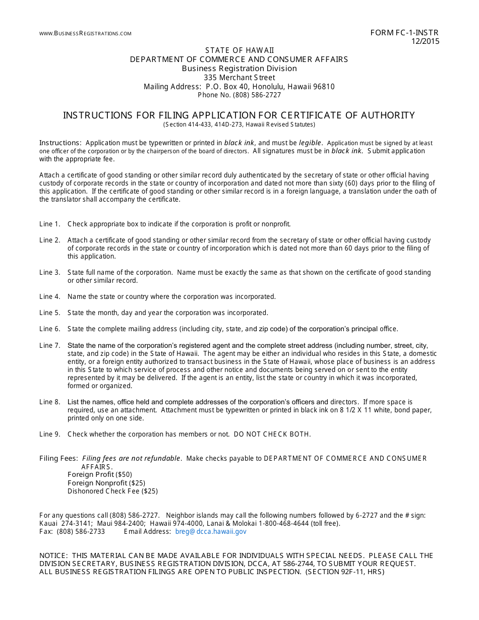 Instructions for Form FC-1 Application for Certificate of Authority for Foreign Corporation - Hawaii, Page 1