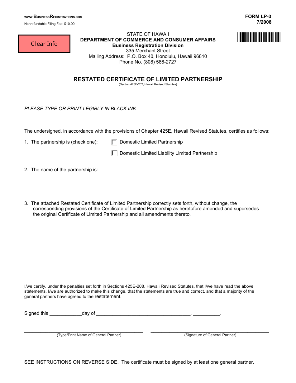 Form LP-3 Restated Certificate of Limited Partnership - Hawaii, Page 1
