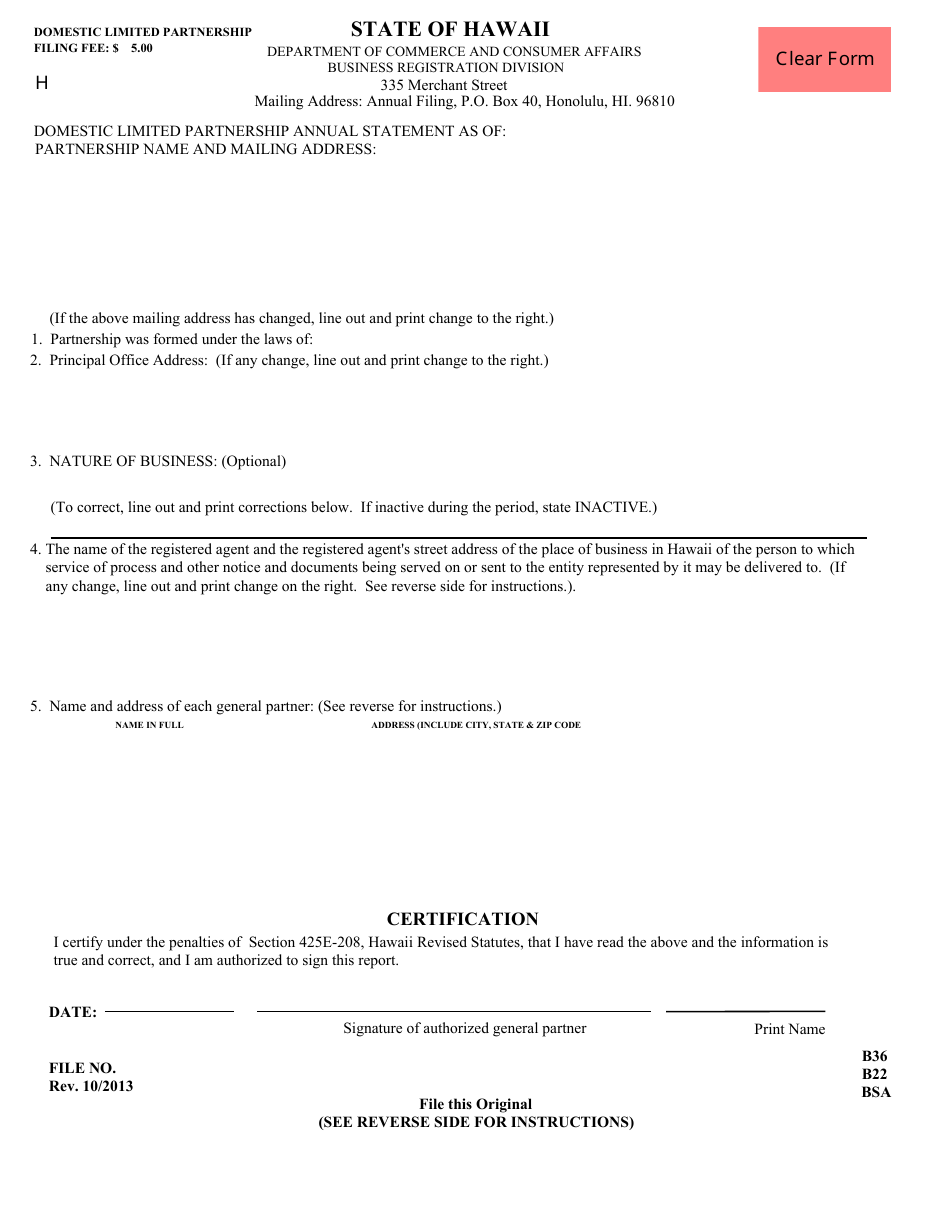 Form L5 Domestic Limited Partnership Annual Statement - Hawaii, Page 1