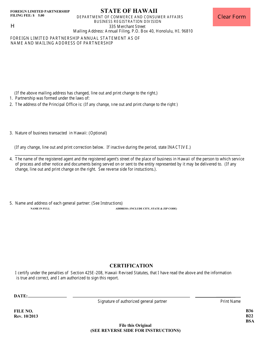Form L6 Foreign Limited Partnership Annual Statement - Hawaii, Page 1