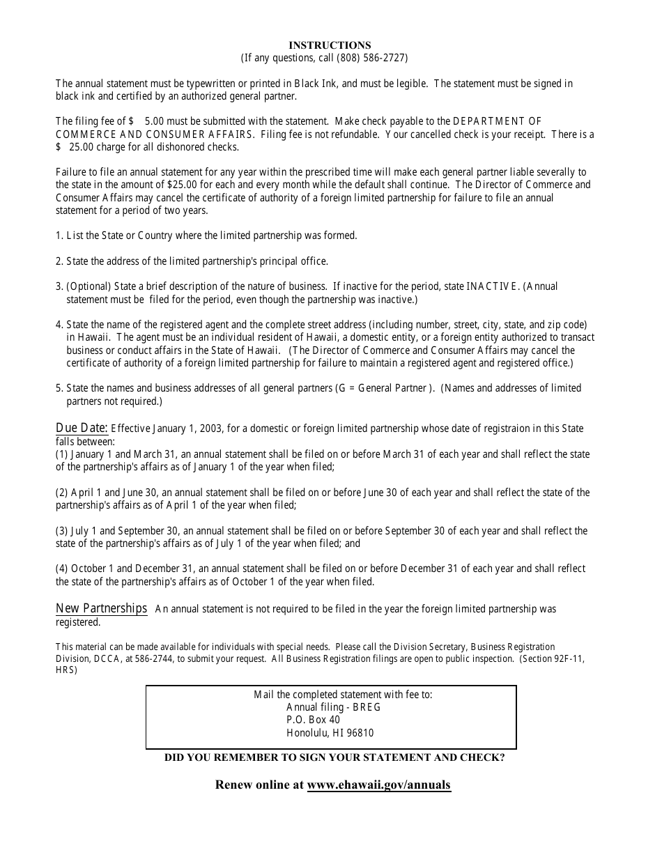 Form L6 Foreign Limited Partnership Annual Statement - Hawaii, Page 2