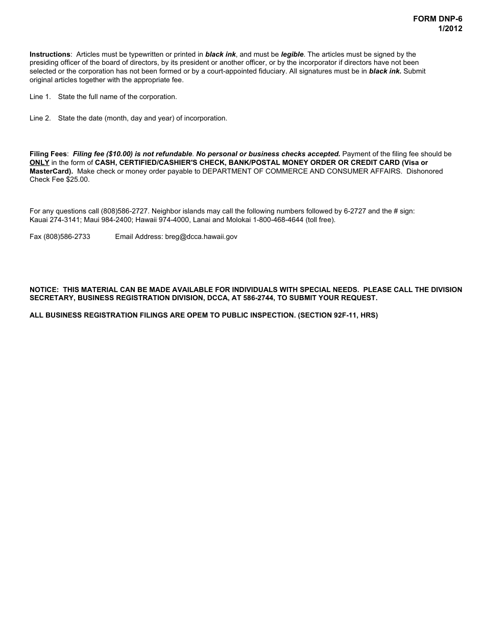 Form DNP-6 Articles of Dissolution by Incorporators or Initial Directors - Hawaii, Page 3