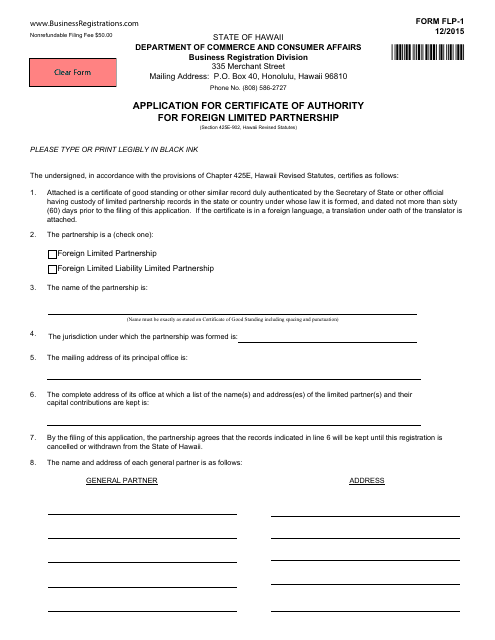 Form FLP-1 Application for Certificate of Authority for Foreign Limited Partnership - Hawaii