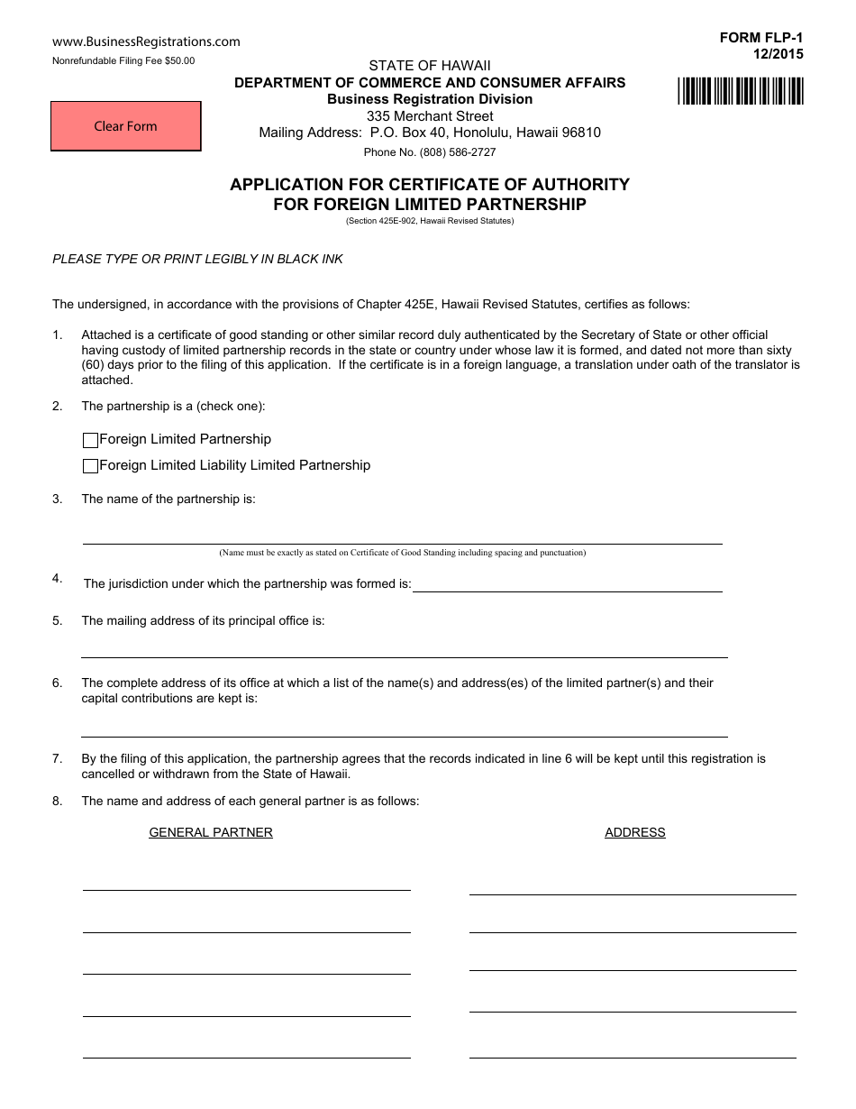 Form FLP-1 Application for Certificate of Authority for Foreign Limited Partnership - Hawaii, Page 1