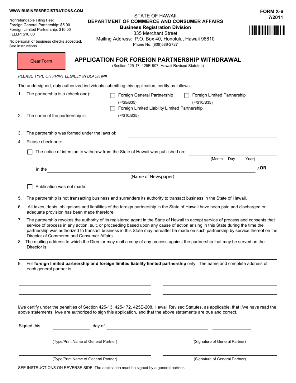 Form X-6 Application for Foreign Partnership Withdrawal - Hawaii, Page 2