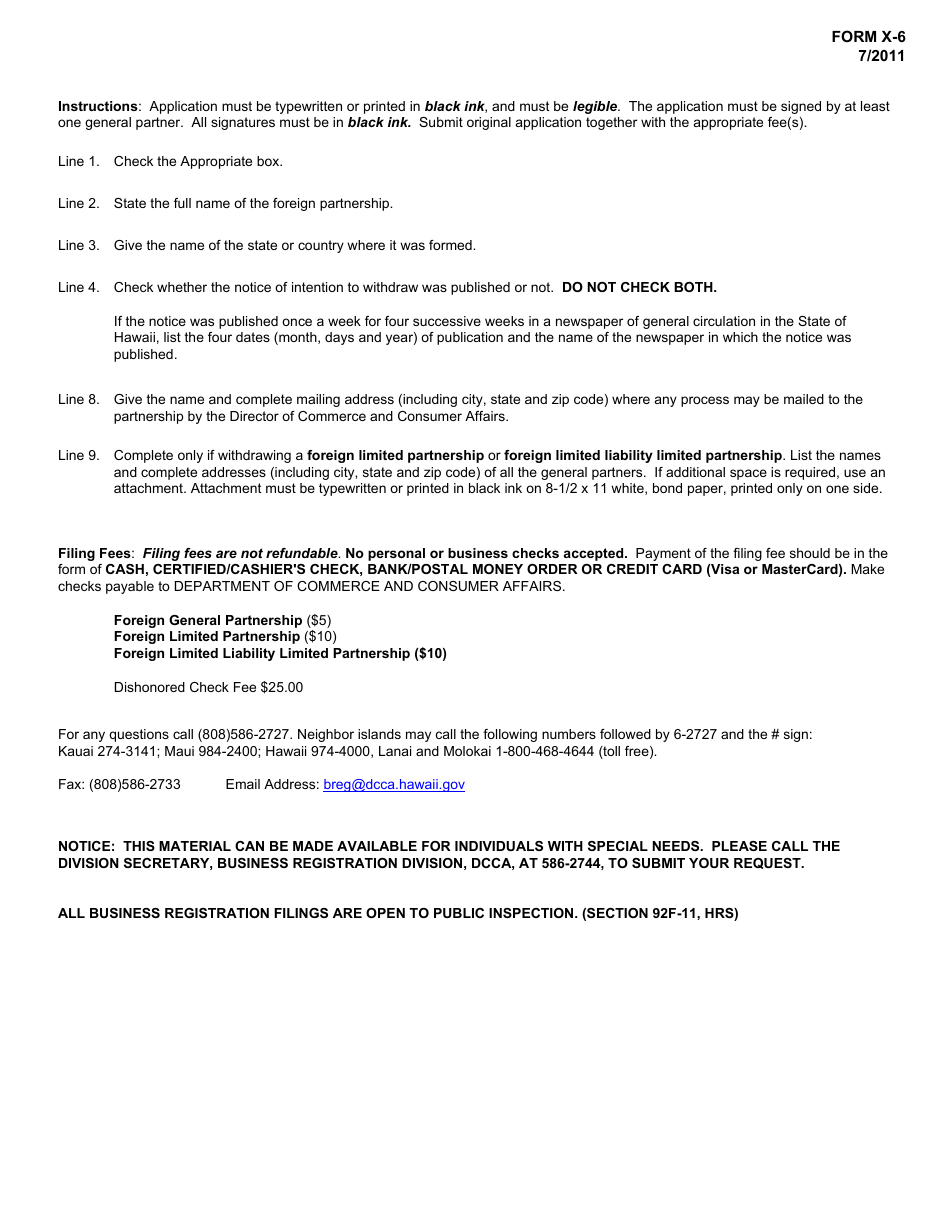 Form X-6 Application for Foreign Partnership Withdrawal - Hawaii, Page 3