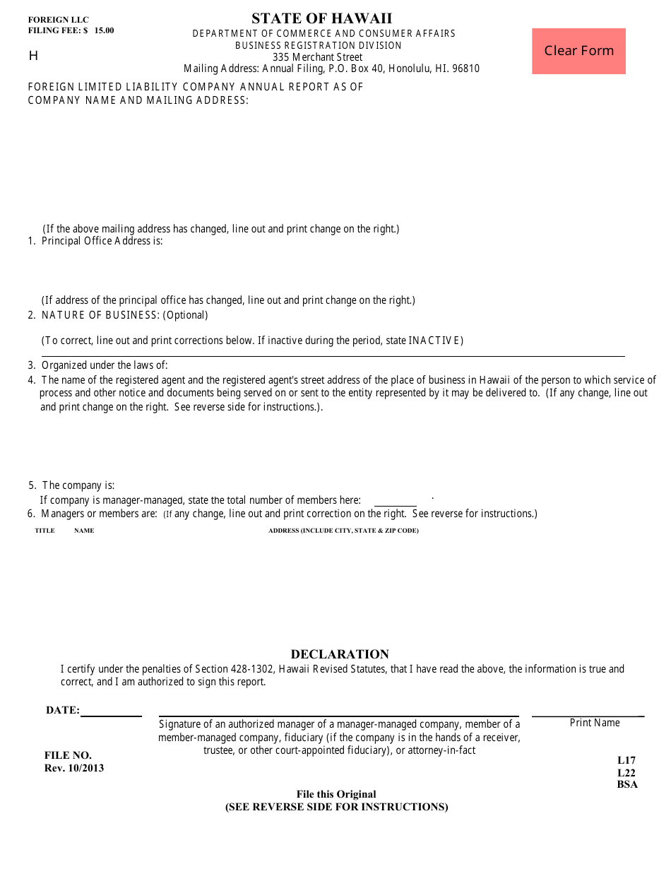 Form C6 Foreign Limited Liability Company Annual Report - Hawaii, Page 1