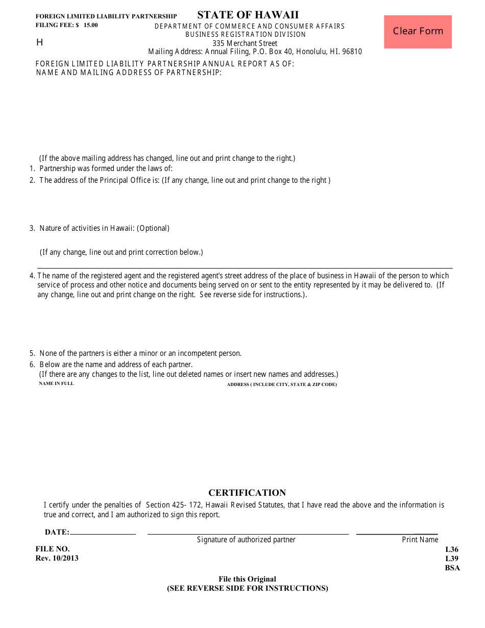 Foreign Limited Liability Partnership Annual Report Form - Hawaii, Page 1
