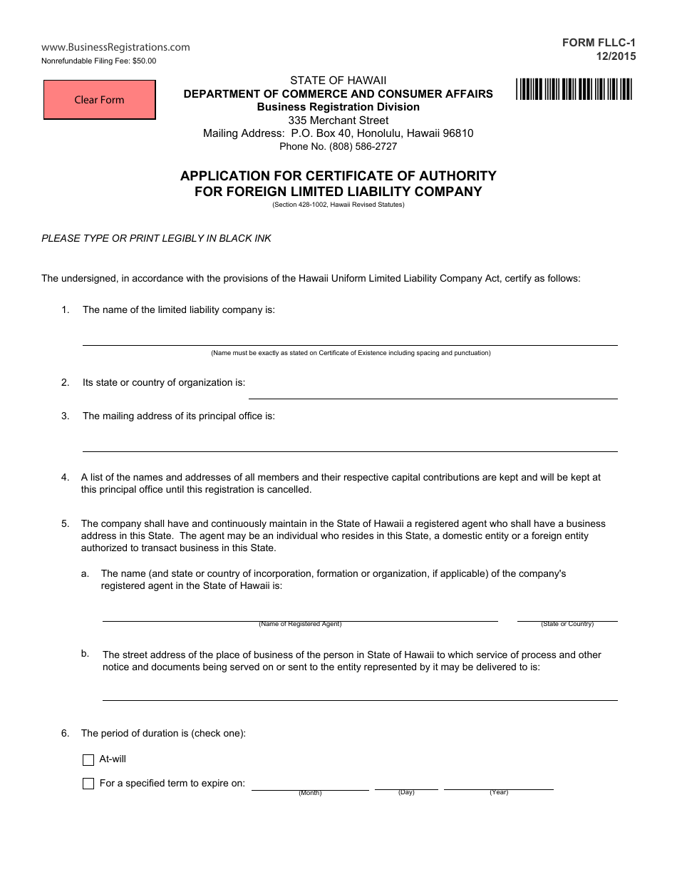 Form FLLC-1 Application for Certificate of Authority for Foreign Limited Liability Company - Hawaii, Page 1