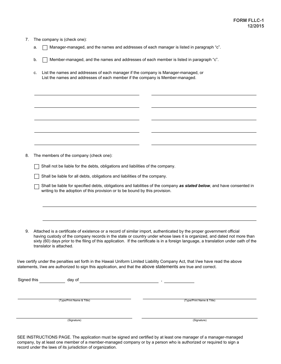 Form FLLC-1 Application for Certificate of Authority for Foreign Limited Liability Company - Hawaii, Page 2