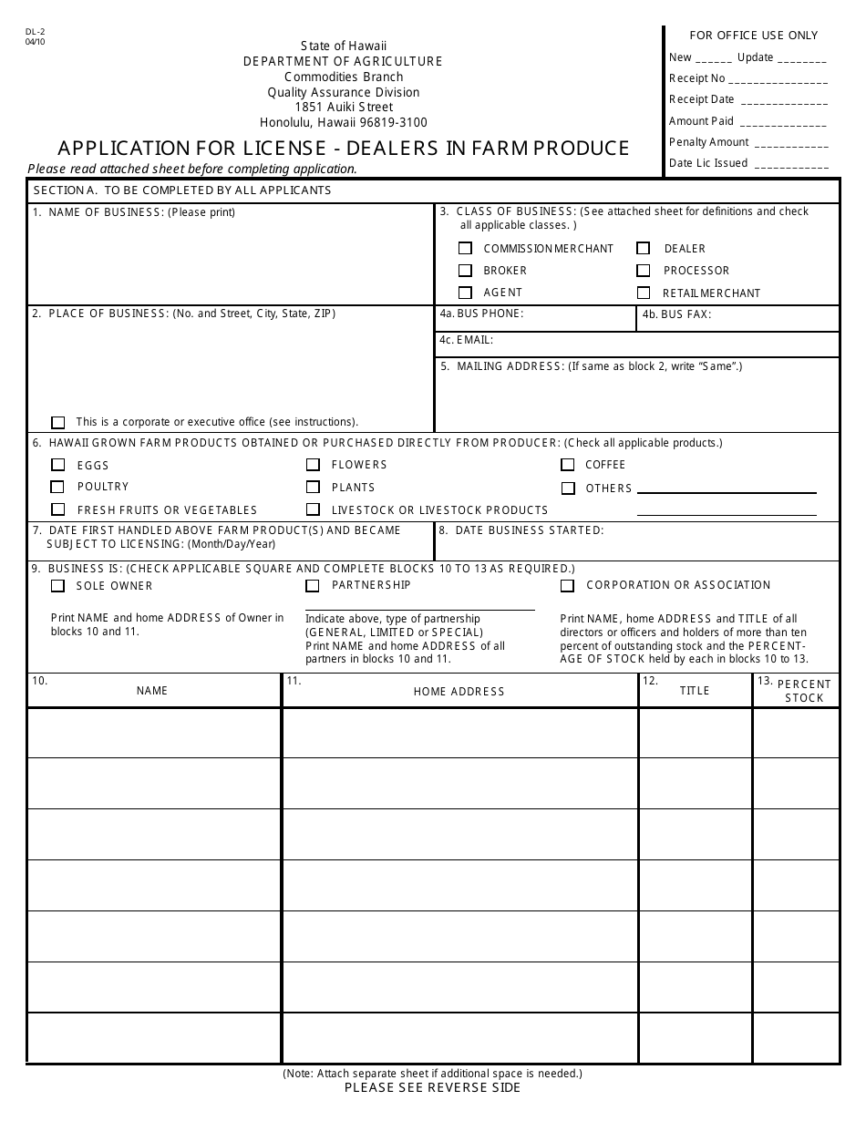 Form DL-2 Application for License - Dealers in Farm Produce - Hawaii, Page 1