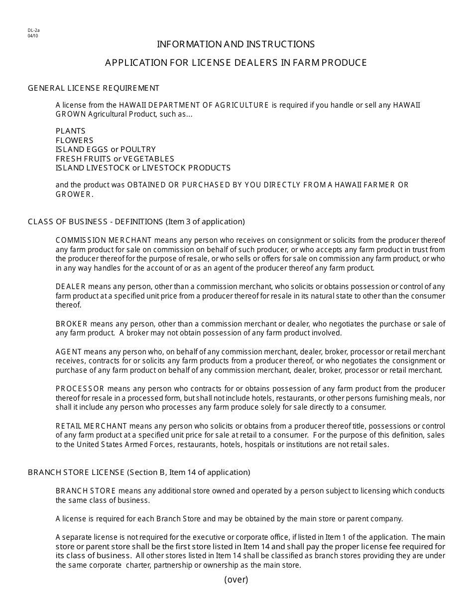 Form DL-2 Application for License - Dealers in Farm Produce - Hawaii, Page 3