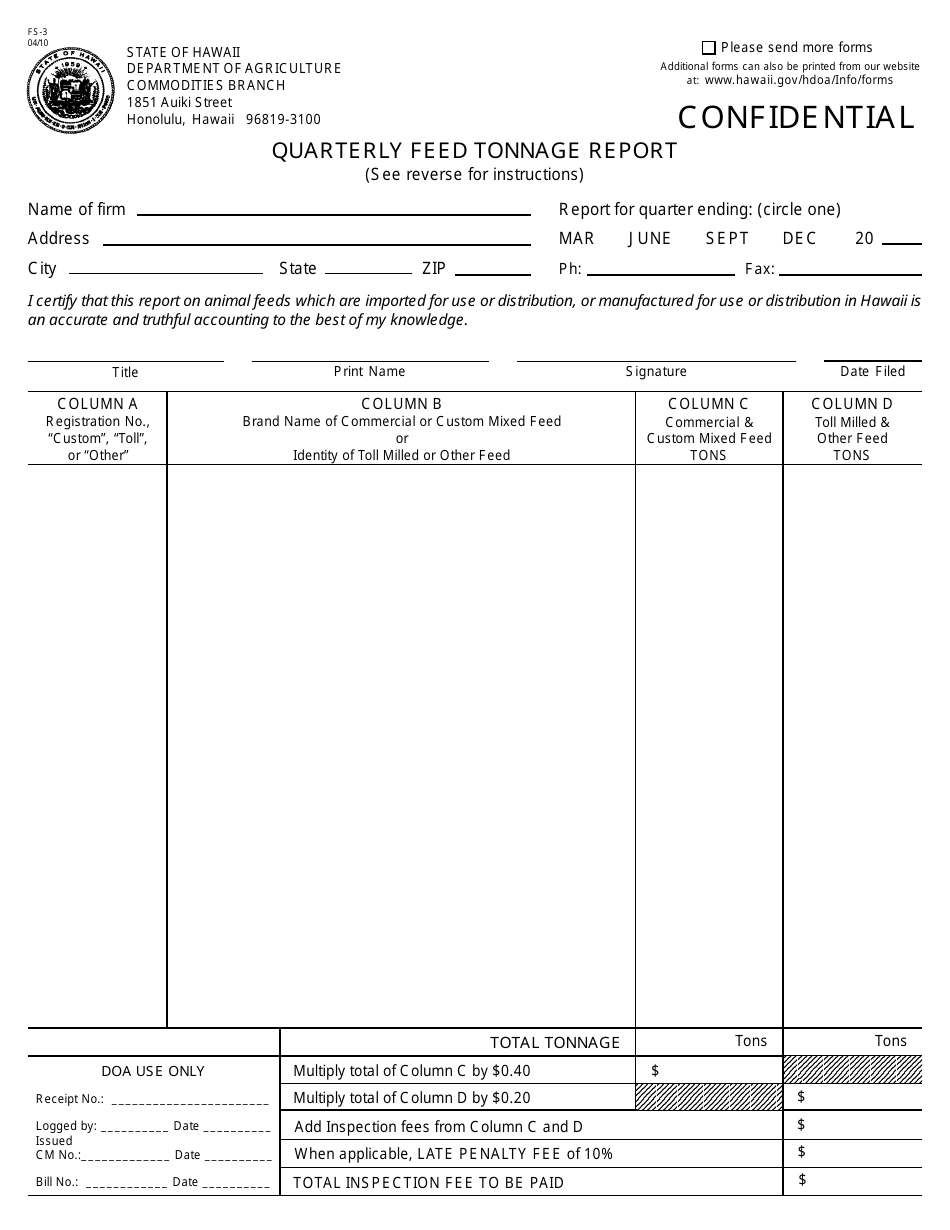 Form FS-3 Quarterly Feed Tonnage Report - Hawaii, Page 1