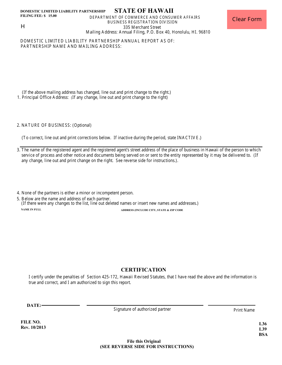 Form K5 Domestic Limited Liability Partnership Annual Report - Hawaii, Page 1