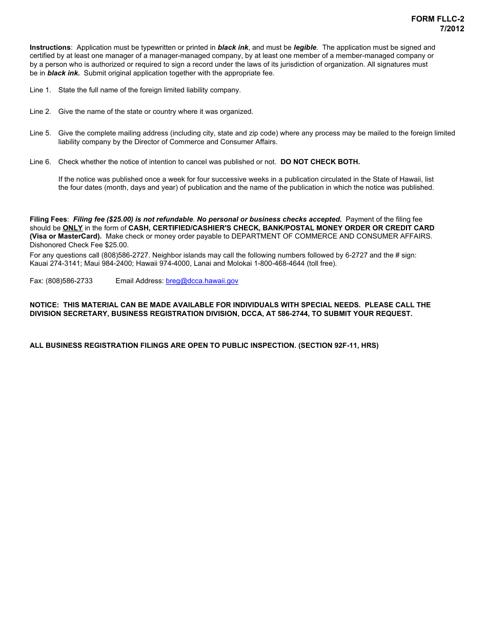 Form FLLC-2 Application for Certificate of Cancellation - Hawaii, Page 3