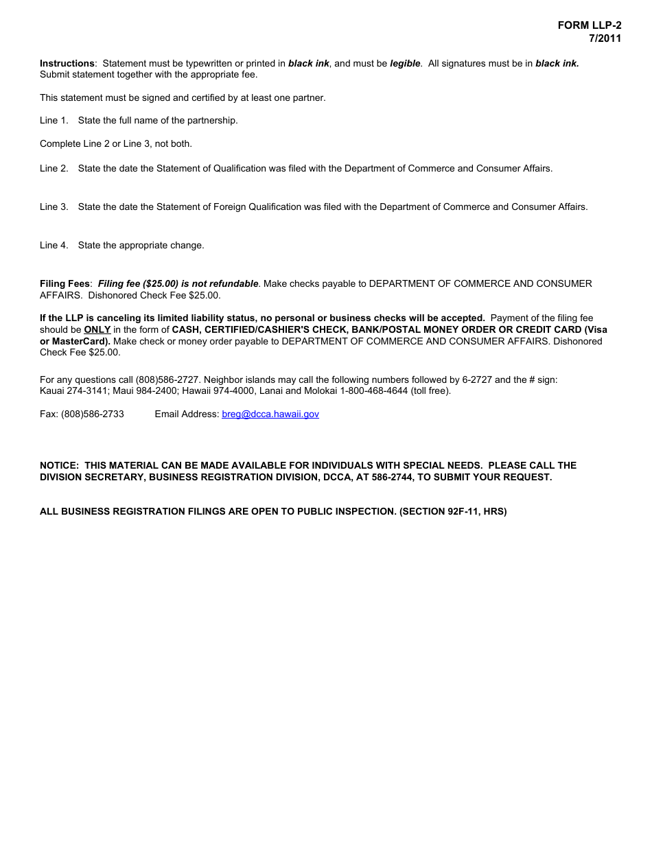 Form LLP-2 Statement of Amendment - Hawaii, Page 3