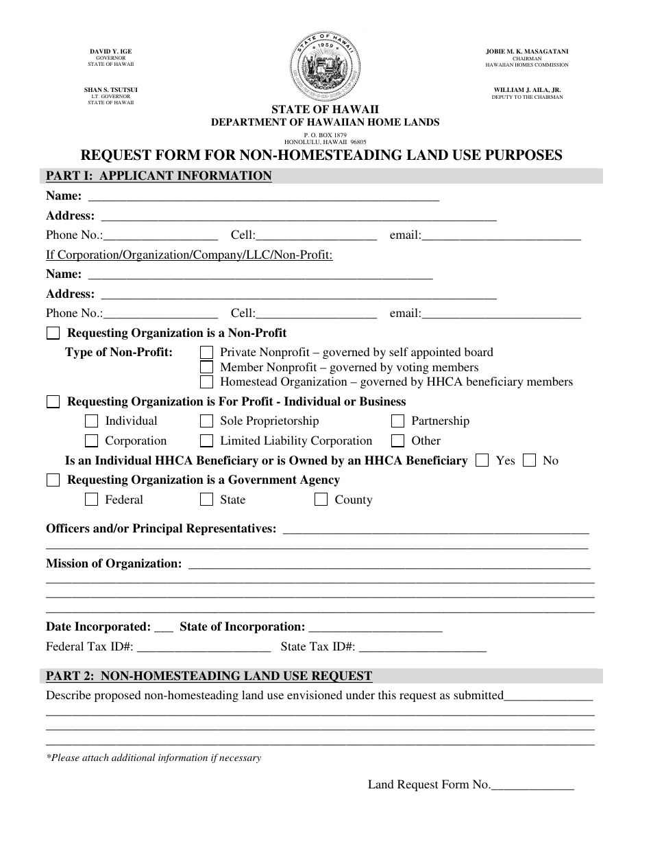 Request Form for Non-homesteading Land Use Purposes - Hawaii, Page 1