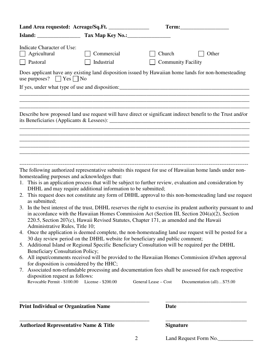 Request Form for Non-homesteading Land Use Purposes - Hawaii, Page 2