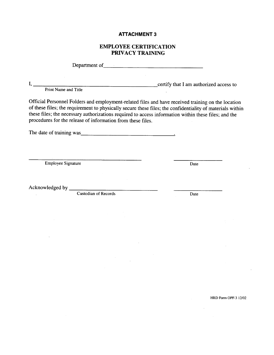 HRD Form OPF-3 Attachment 3 Employee Certification Privacy Training - Hawaii, Page 1
