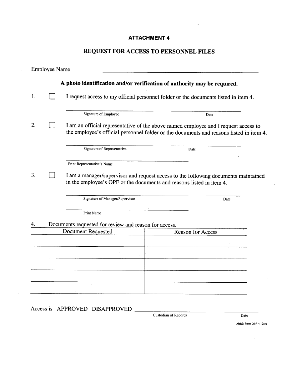 HRD Form OPF-4 Attachment 4 Request for Access to Personnel Files - Hawaii, Page 1