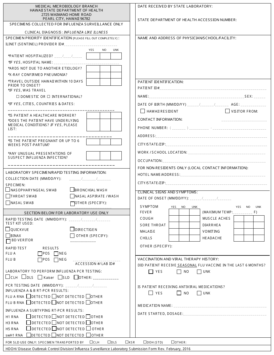 Influenza Surveillance Laboratory Submission Form - Hawaii, Page 1