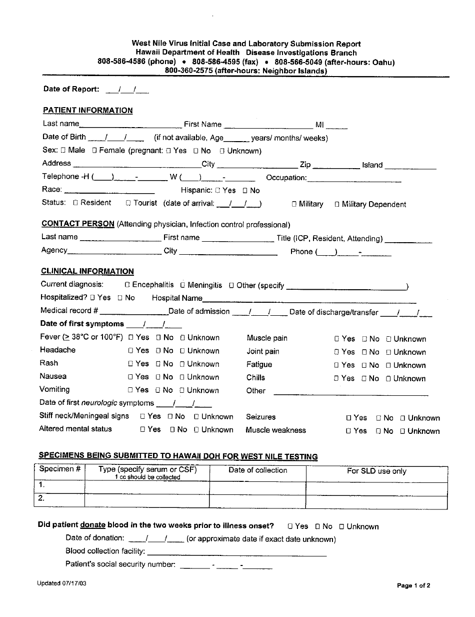 West Nile Virus Initial Case and Laboratory Submission Report Form - Hawaii, Page 1