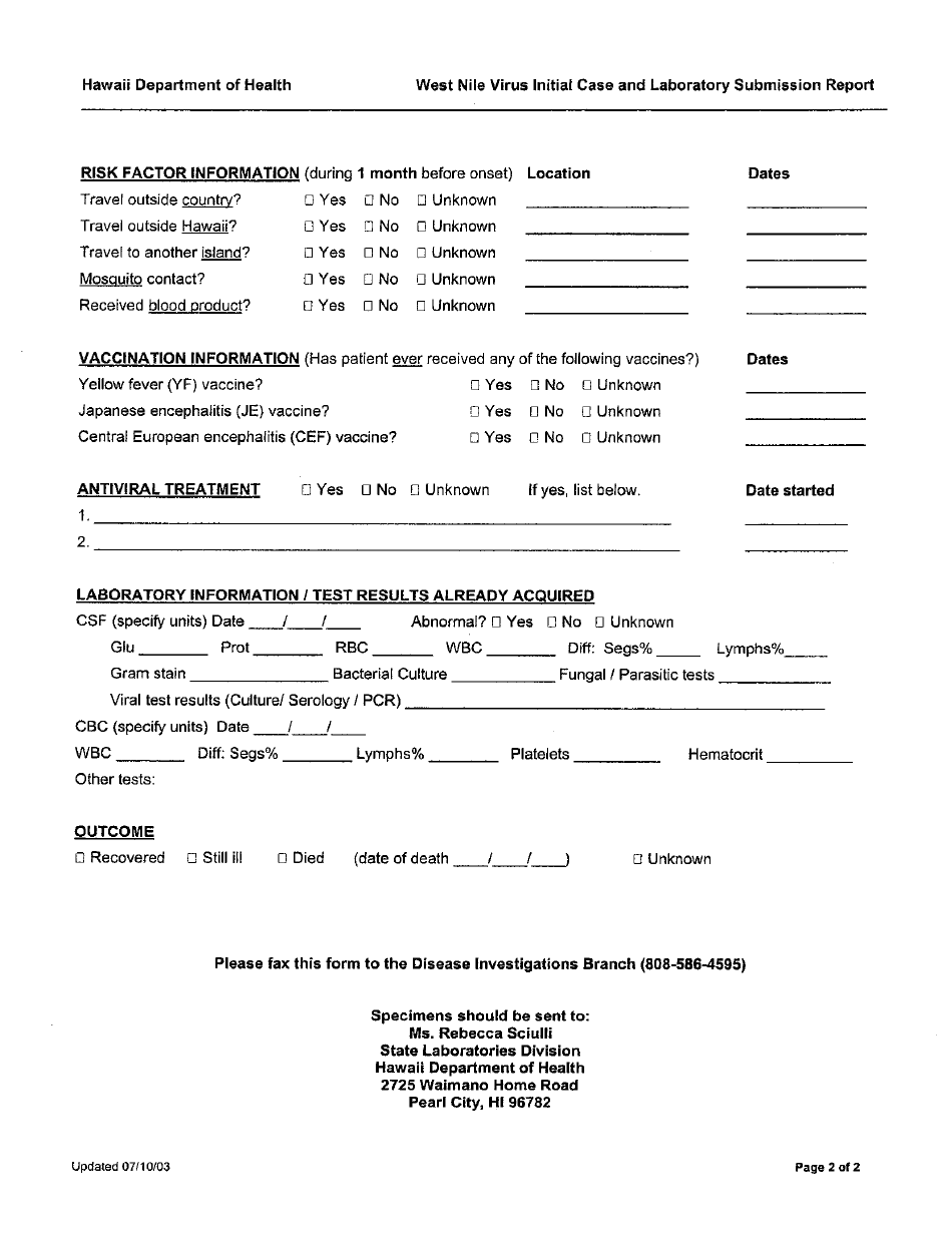 West Nile Virus Initial Case and Laboratory Submission Report Form - Hawaii, Page 2