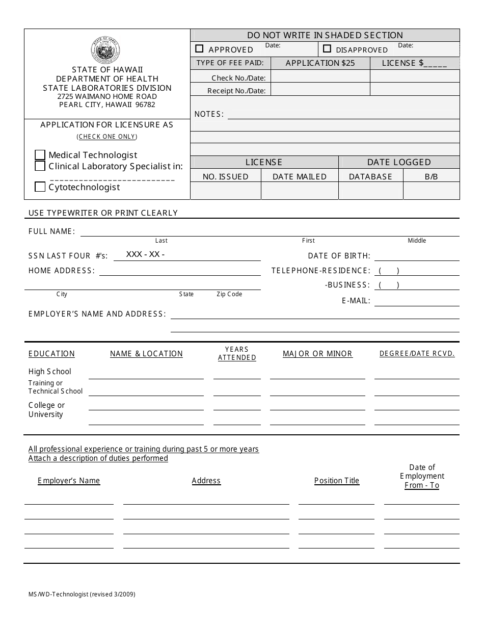 Form MS / WD-TECHNOLOGIST Application for Licensure as Medical Technologist / Clinical Laboratory Specialist / Cytotechnologist - Hawaii, Page 1