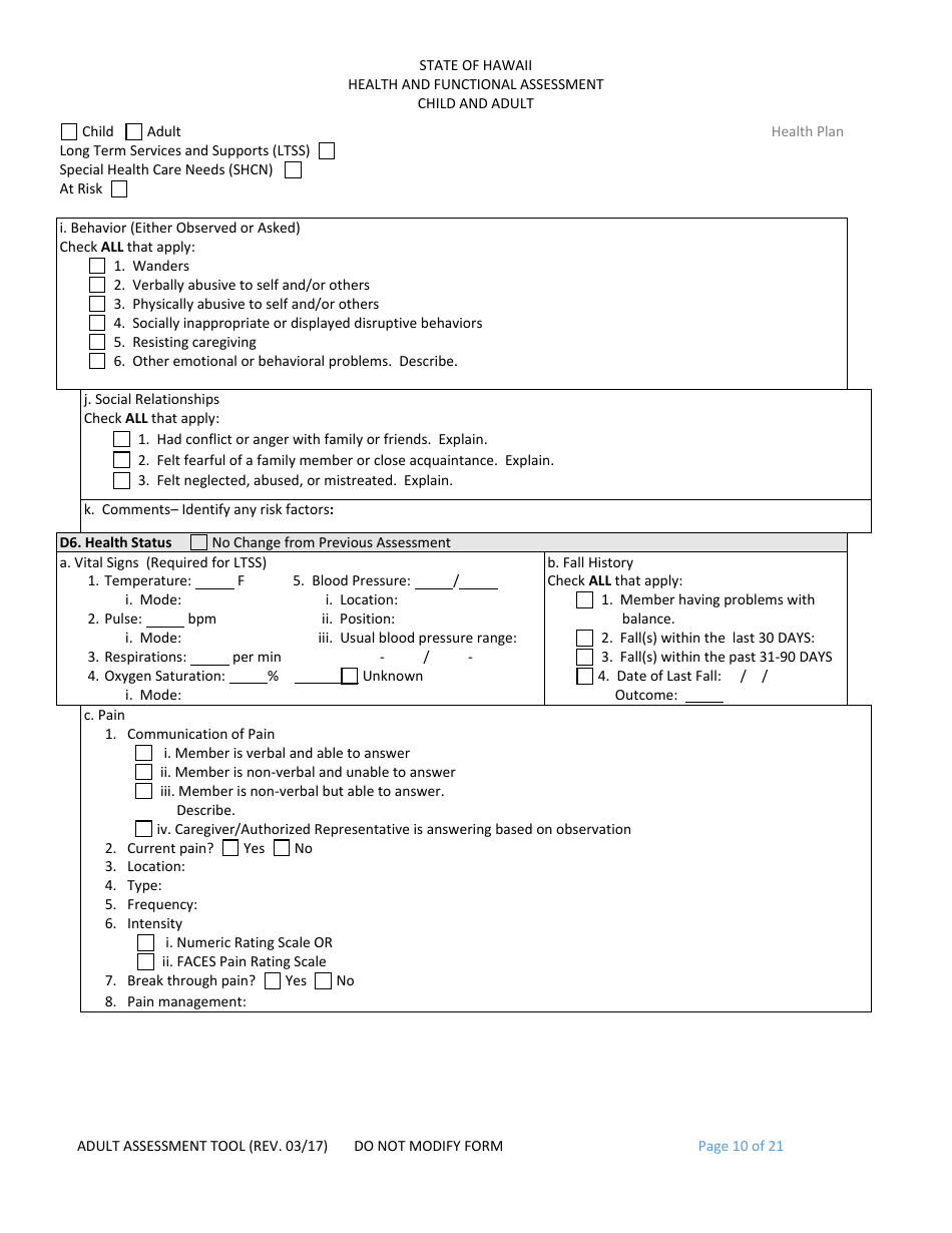 Hawaii Child and Adult Health and Functional Assessment Form - Fill Out ...