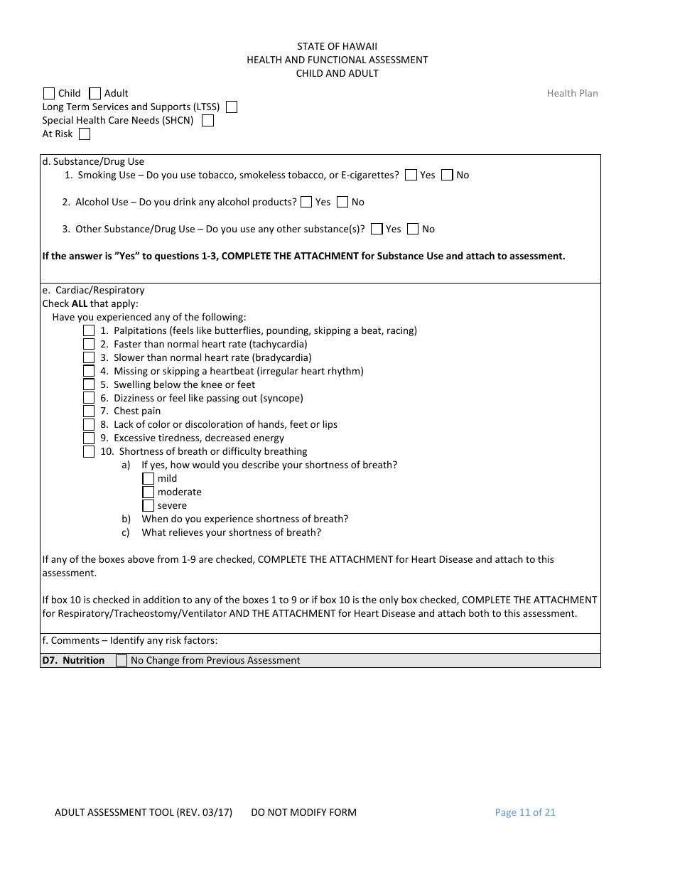 Hawaii Child and Adult Health and Functional Assessment Form - Fill Out ...