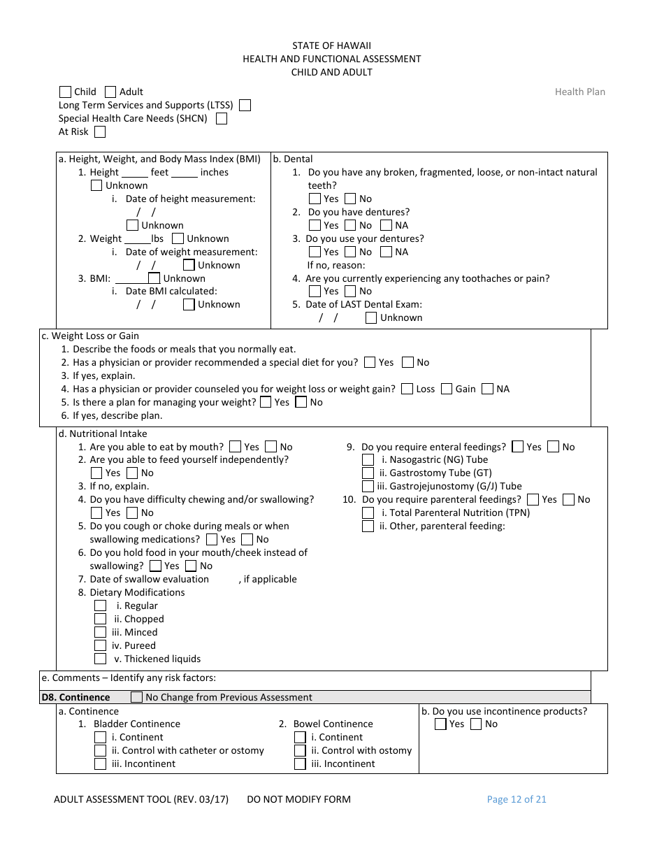 Child and Adult Health and Functional Assessment Form - Hawaii, Page 12