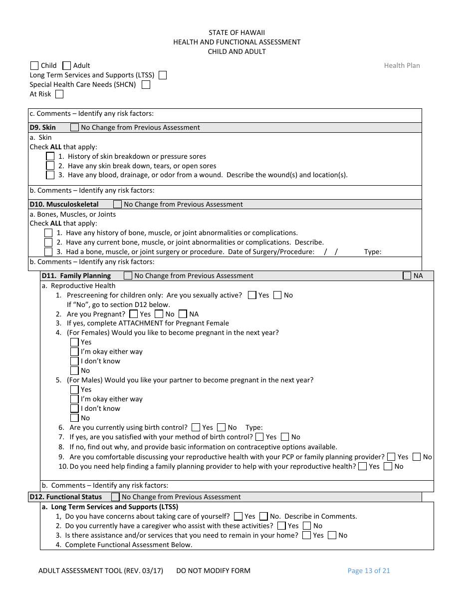 Hawaii Child and Adult Health and Functional Assessment Form - Fill Out ...