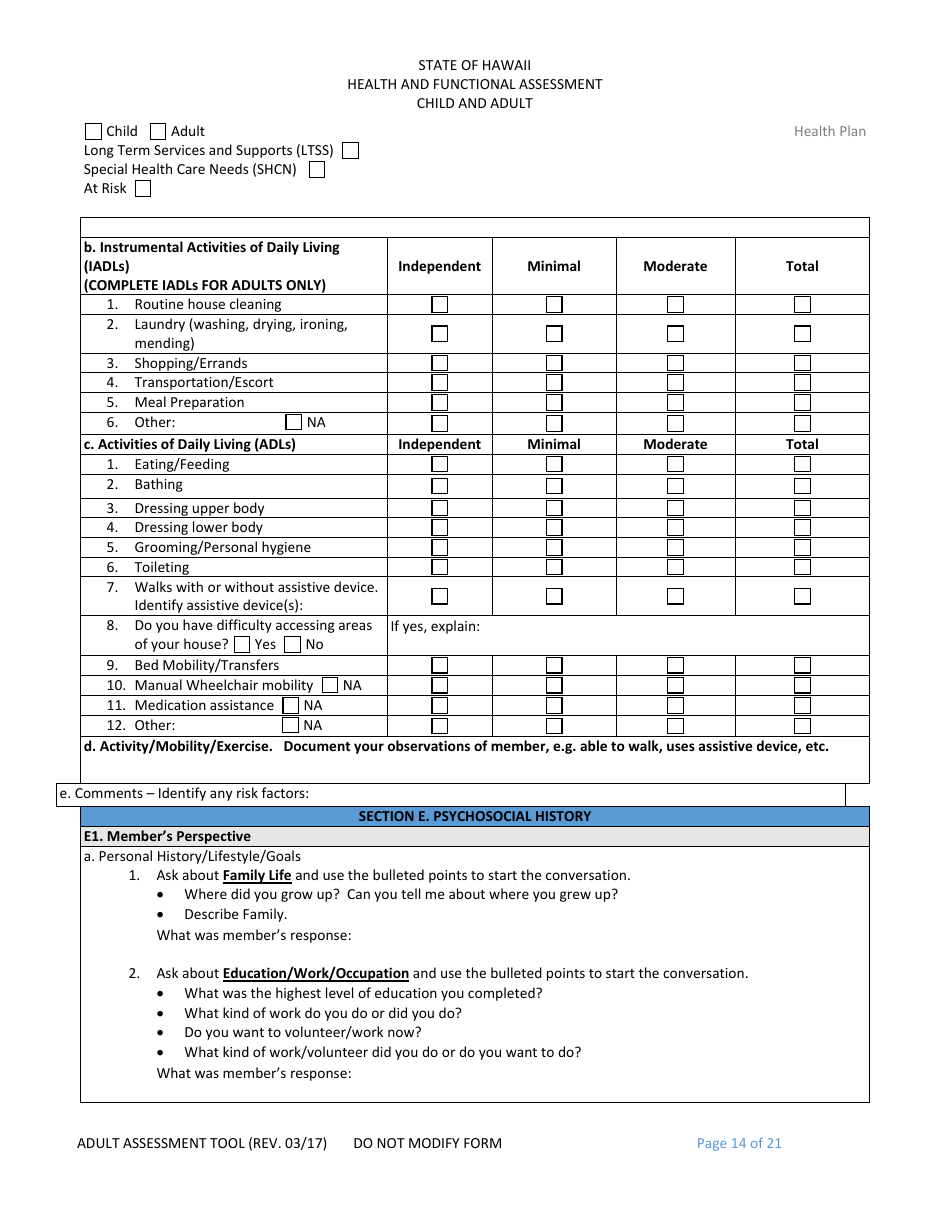 Hawaii Child and Adult Health and Functional Assessment Form - Fill Out ...