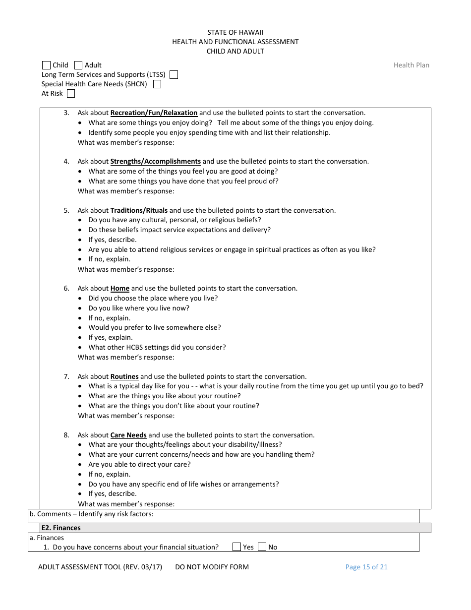 Child and Adult Health and Functional Assessment Form - Hawaii, Page 15