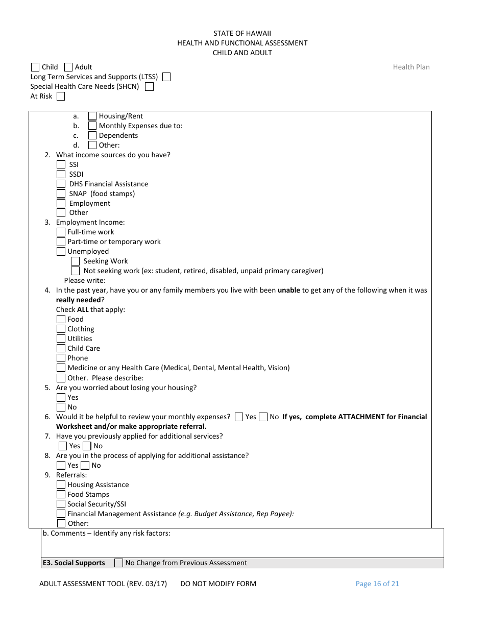 Child and Adult Health and Functional Assessment Form - Hawaii, Page 16