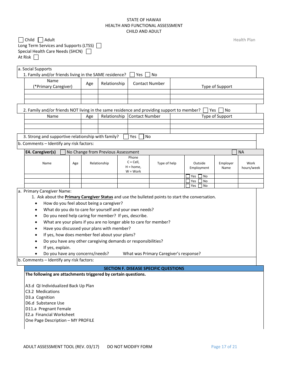 Hawaii Child and Adult Health and Functional Assessment Form - Fill Out ...