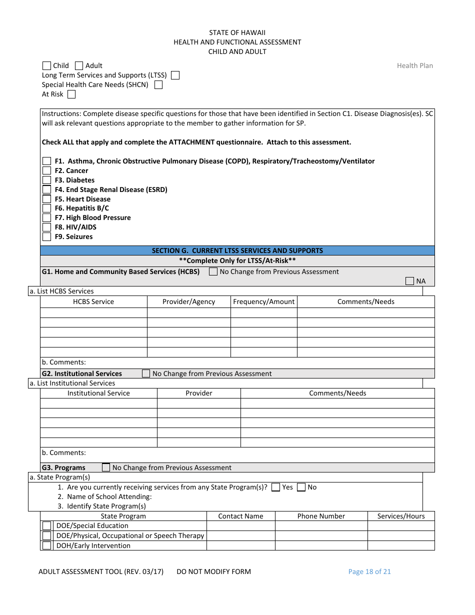 Child and Adult Health and Functional Assessment Form - Hawaii, Page 18