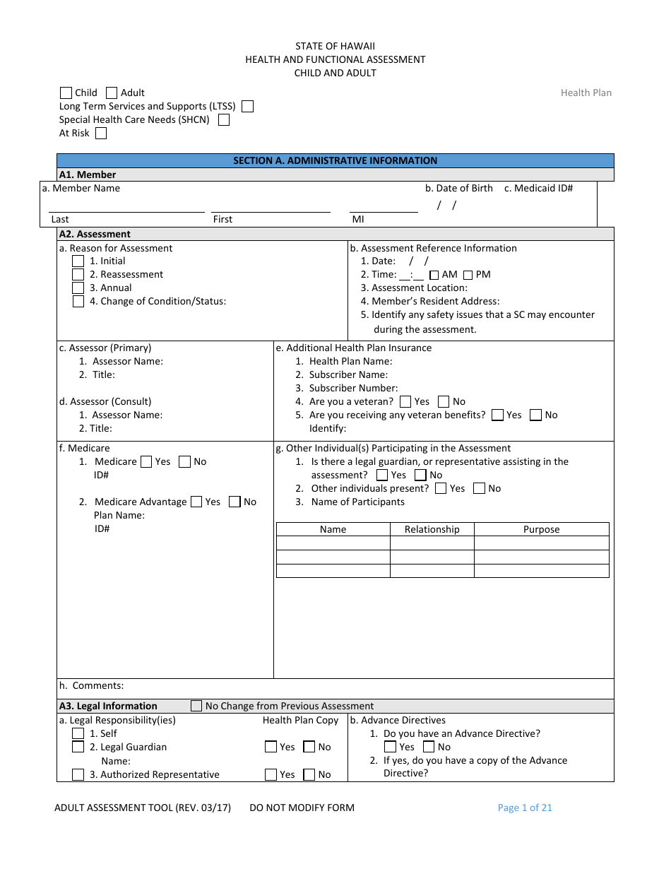 Child and Adult Health and Functional Assessment Form - Hawaii, Page 1
