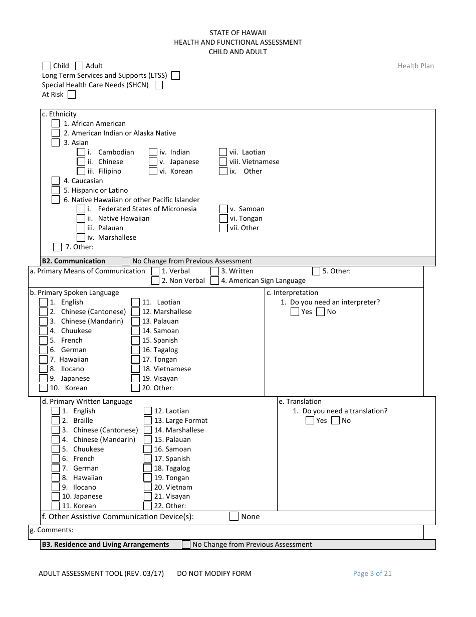 Hawaii Child and Adult Health and Functional Assessment Form - Fill Out ...