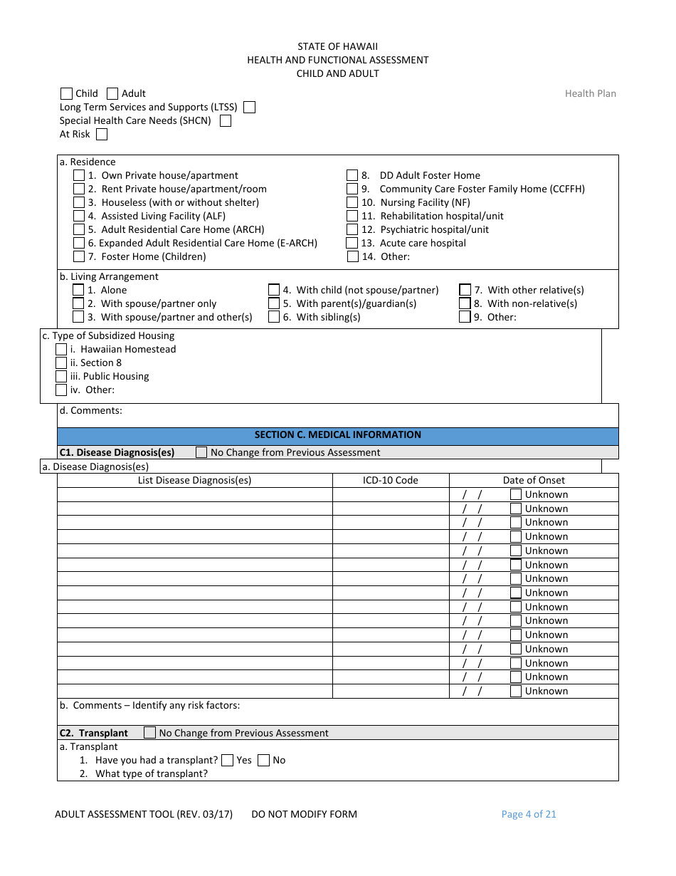 Hawaii Child and Adult Health and Functional Assessment Form - Fill Out ...