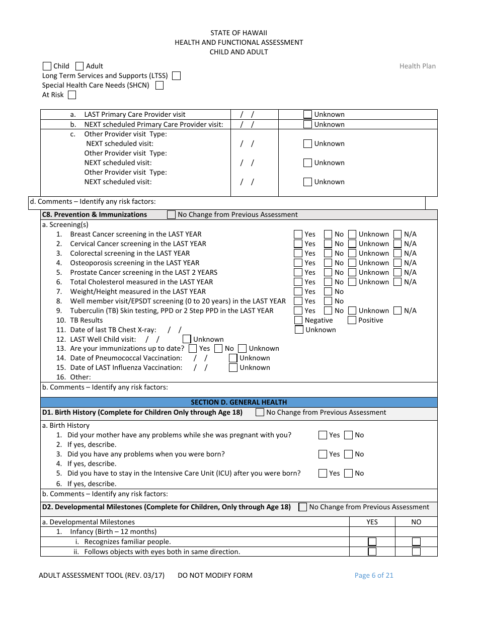 Hawaii Child and Adult Health and Functional Assessment Form - Fill Out ...