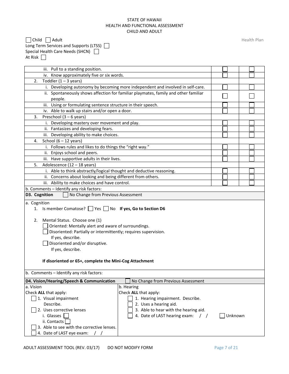 Hawaii Child and Adult Health and Functional Assessment Form - Fill Out ...