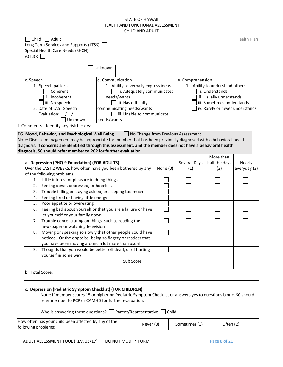Hawaii Child and Adult Health and Functional Assessment Form - Fill Out ...