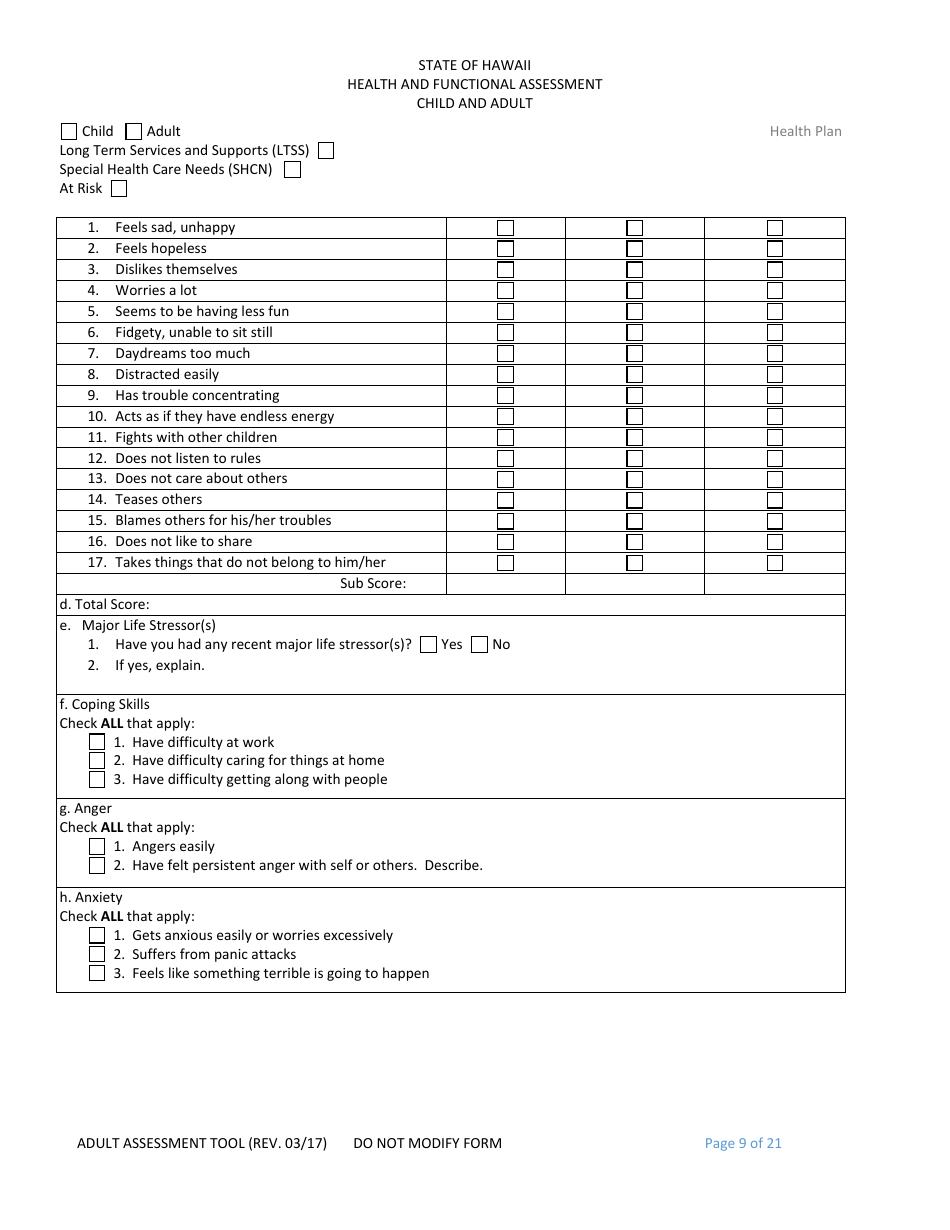 Hawaii Child and Adult Health and Functional Assessment Form - Fill Out ...