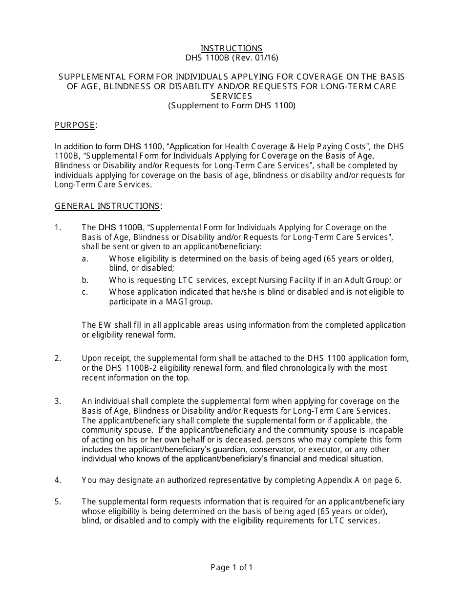 Instructions for Form DHS1100B Supplemental Form for Individuals Applying for Coverage on the Basis of Age, Blindness or Disability and / or Requests for Long-Term Care Services (Supplement to Form DHS 1100) - Hawaii, Page 1