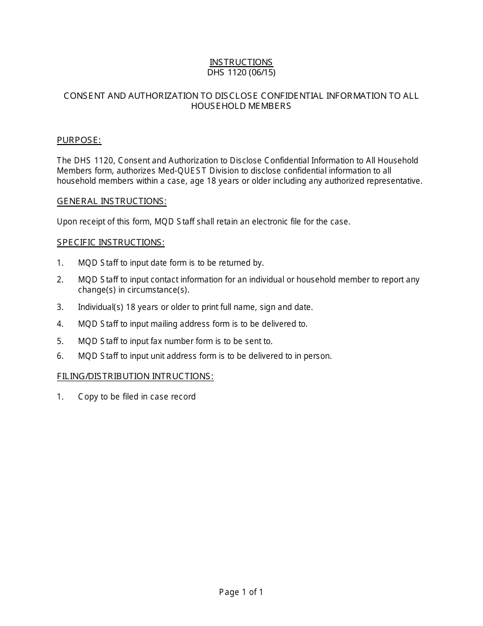 Instructions for Form DHS1120 Consent and Authorization to Disclose Confidential Information to All Household Members - Hawaii, Page 1