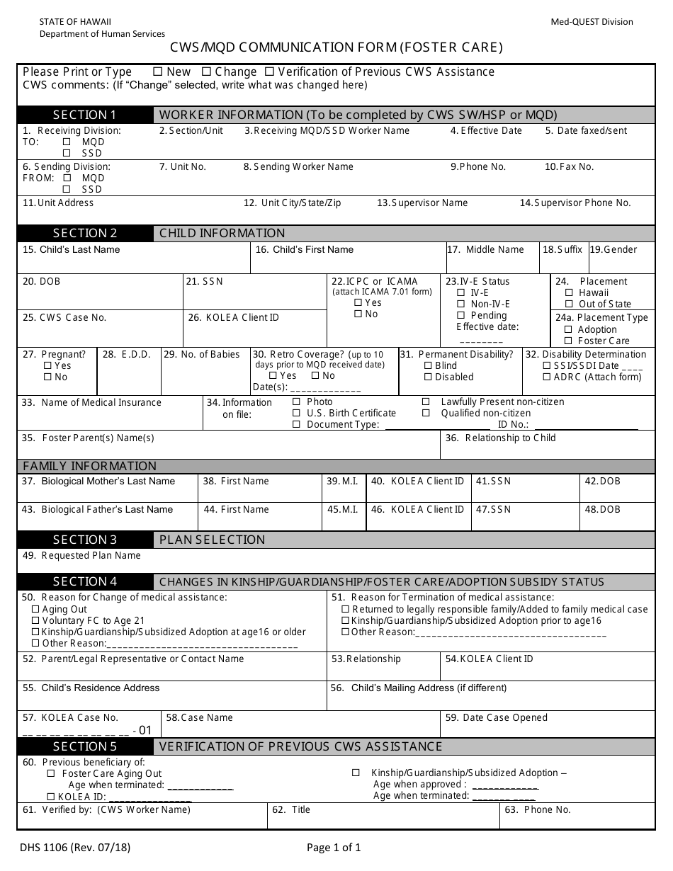 Form DHS1106 Cws / Mqd Communication Form (Foster Care) - Hawaii, Page 1
