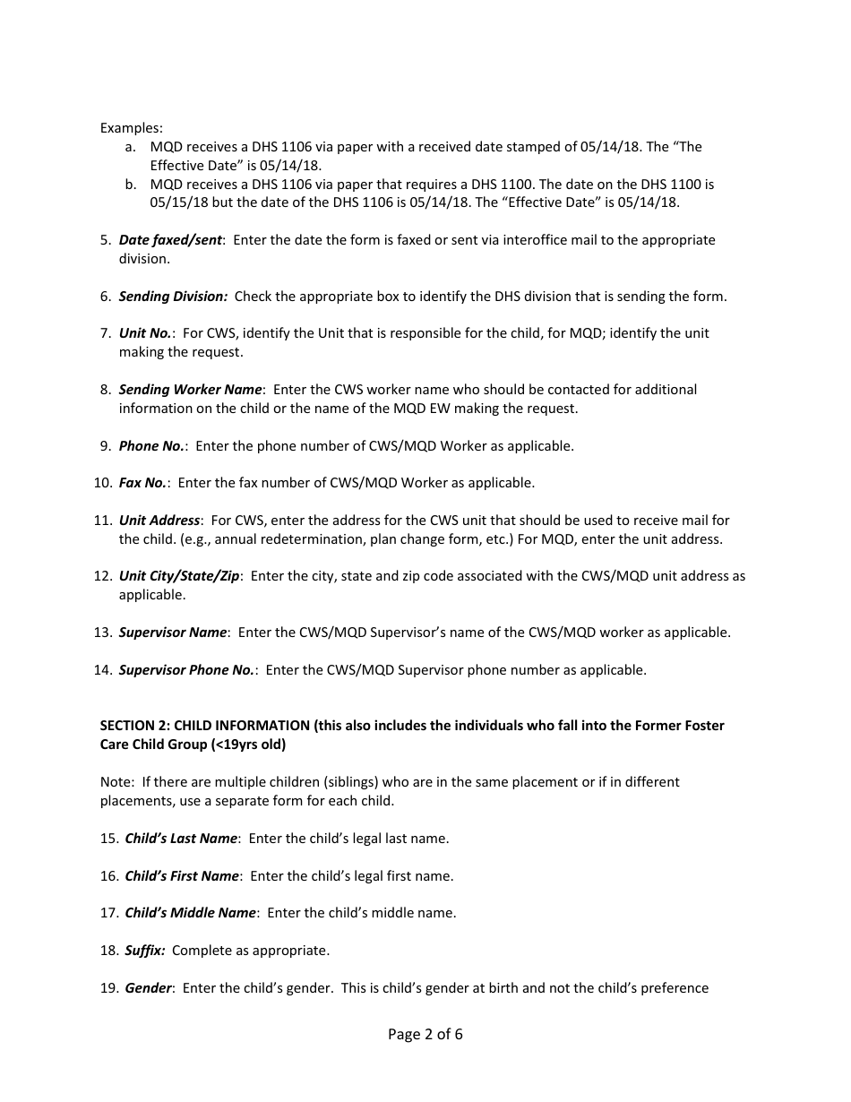 Instructions for Form DHS1106 Cws / Mqd Communication Form (Foster Care) - Hawaii, Page 2